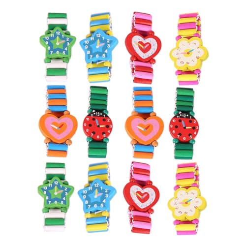 KOMBIUDA 12 Stück Teiliges Holzspielzeug Uhrenset mit Niedlichen Mustern Leichte Kreative Holzarmbanduhren für Mädchen Robuste Tragbare Armbandspieluhren als Originelles Partygeschenk von KOMBIUDA