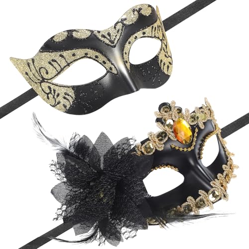 KOMBIUDA 2 Stk. Venezianische Maske Kunststoff Halbgesichtsmasken mit Goldener Seitenblüte und Farbiger Bemalung Leichte Party Karnevalsmasken für Festival Maskenball Zubehör von KOMBIUDA