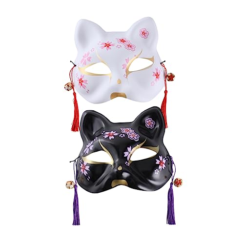 KOMBIUDA 2 Stück Handgezeichnete Japanische Katzenmaske Weiß und Schwarz Verstellbar Stilvolle Halloween und Party Accessoires für Damen und Mädchen von KOMBIUDA