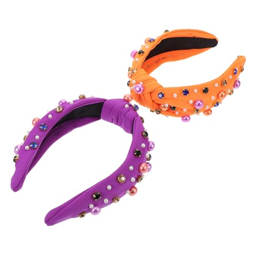 KOMBIUDA 2 Stück Teiliges Halloween Haarband für Damen und Mädchen Glitzernde Strasssteine Verstellbares Knoten Design Perlen Haarreifen in und Orange Leichte Bequeme Kostüm Accessoires von KOMBIUDA