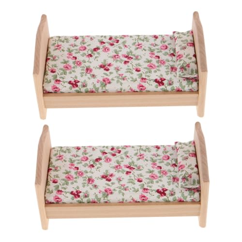 KOMBIUDA 2 Stücke Miniatur Puppenhaus Bett Holz Einzelbett mit Matratze und Kissen Vintage Miniaturmöbel für Puppenhaus Schlafzimmer Dekoration Realistische Kinderzimmer Szene Zubehör von KOMBIUDA