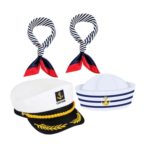 KOMBIUDA 4 Stück Teiliges Captain und Matrosenhut Set Verstellbar Nautisches Kostümzubehör mit Zwei und Zwei Schals für Herren Damen Party Halloween Bühnenauftritte von KOMBIUDA