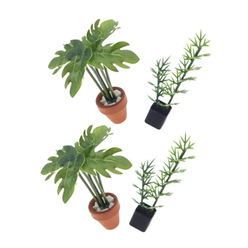 KOMBIUDA 4 Stück Teiliges Miniatur Grünpflanzen Realistische Bonsai Bambus und Monstera Pflegeleicht ohne Wasser Lebensechte Deko für Puppenhäuser DIY Basteln und Kleine Räume von KOMBIUDA