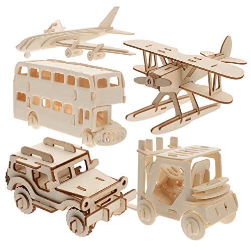 KOMBIUDA 5-teiliges Holzflugzeugmodell Holzbus Und Automodell Holz-Gabelstapler Bastelspielzeug Lernspielzeug Für Kleinkinder von KOMBIUDA