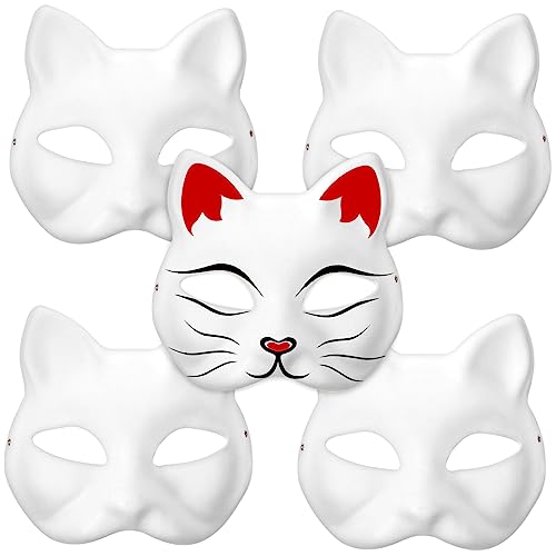 KOMBIUDA 5 Teiliges Weiße Katzenpapiermasken zum Bemalen Leichte DIY Cosplay Masken mit Elastischem Band Hollow out Augen Geeignet für Halloween Maskenball und Kostümpartys KOMBIUDA 5 Teiliges Weiße Katzenpapiermasken zum Bemalen Leichte DIY Cosplay Masken mit Elastischem Band Hollow out Augen Geeignet für Halloween Maskenball und Kostümpartys von KOMBIUDA