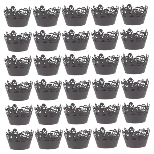 KOMBIUDA 50 Stück Kuchen Grenze Pop Halloween-Streusel Kuchendekorationsbedarf Tulpe Liner halloween party halloween kuchen hochzeitsdeko ausgehöhltes Kuchen liefert Papier Black von KOMBIUDA