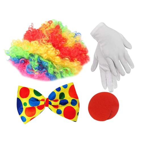 KOMBIUDA Clown Kostüm Accessoires Teilig Inklusive Bunter Perücke Clownsnase Handschuhe und Krawatte Weiches Plüschmaterial Hautfreundlich für Halloween Karneval Fasching und Erwachsene von KOMBIUDA