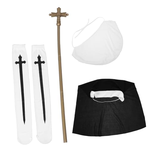 KOMBIUDA Halloween Cosplay Set für Damen Kostüm mit Nonnenhaube Kragen Langen Weißen Strümpfen und Zauberstab Vielseitig Einsetzbar für Halloween Party Kostümfest und Rollenspiel von KOMBIUDA