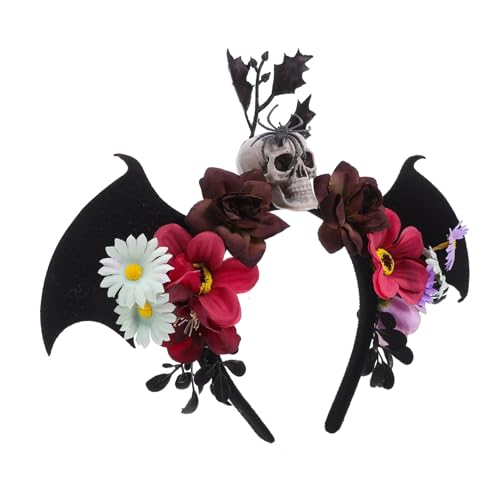 KOMBIUDA Halloween Headband Day Of The Dead Headpiece mit Schwarzem Totenkopf Blumenkranz und Fledermausflügeln Auffälliges Halloween Accessoire für Cosplay Maskerade und Karnevalspartys von KOMBIUDA