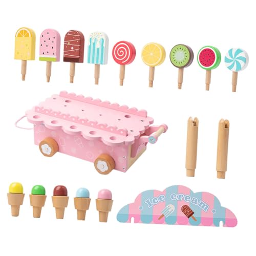 KOMBIUDA Holzspielzeug Eiswagen für Interaktiver Robuster Eiscreme Stand aus Solidem Holz Fördert Kreativität und Motorische Fähigkeiten Pädagogisches Rollenspiel für Familie und Mädchen von KOMBIUDA