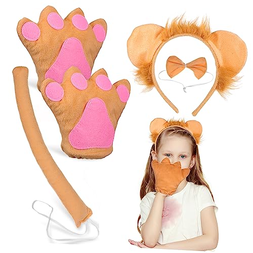 KOMBIUDA Löwenkostüm Set Erwachsene Lion Headband mit Ohren Weiche Handschuhe und Bowtie Leichtes Bequemes Tierkostüm für Halloween Fasching Party und Cosplay von KOMBIUDA