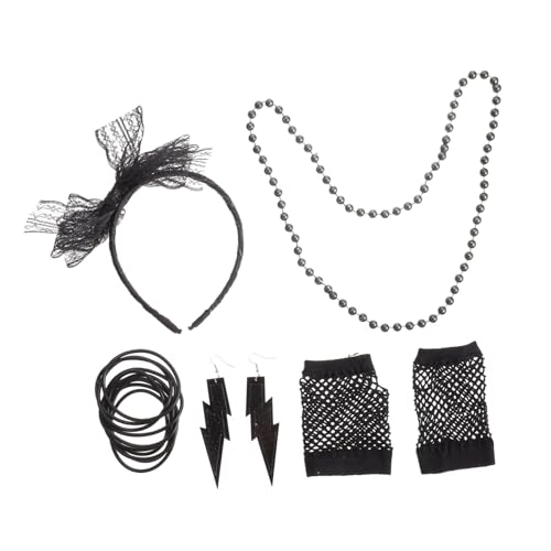 KOMBIUDA Neon Party Kostüm Damen mit Spitzen Stirnband und Fischnetz Handschuhen Komplettes Party Outfit für Mottoparty Karneval und Cosplay Attraktiv Schwarz von KOMBIUDA