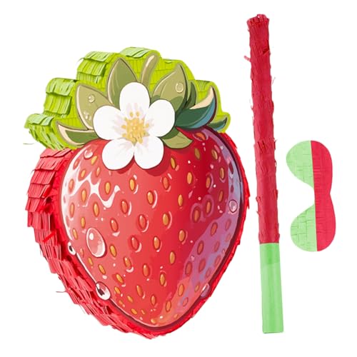 KOMBIUDA Rotes Erdbeer-piñata Stab und Augenbinde Einfache Befüllung Sommer Geburtstag Partydekoration Obst Mottoparty Zubehör für Familien Feier von KOMBIUDA