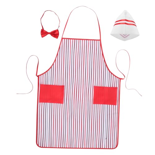 KOMBIUDA Rotes Weiß Gestreiftes Kochschürzen Hut und Fliege Komfortables Chef-kostüm für Halloween Party und Familien-rollenspiele von KOMBIUDA