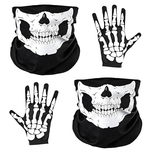 KOMEIYL 2pcs Halloween Totenkopf Maske, Motorrad Totenkopf Maske, Skelett Maske con Weißes Skeletthandschuhe Set, Gilt Sonnenschutz für Rollenspiele oder Outdoor-Radfahren von KOMEIYL