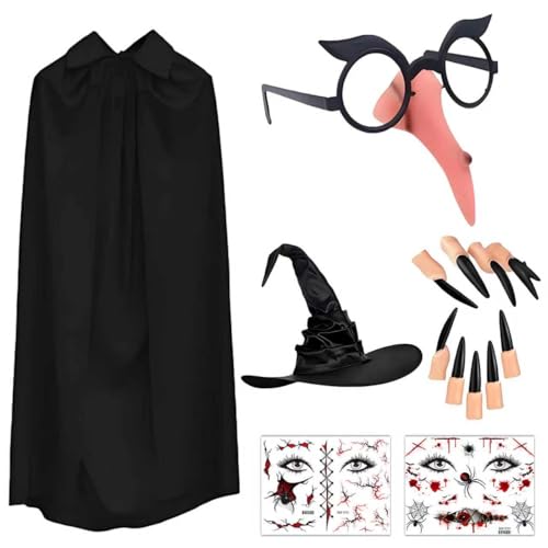 KOMEIYL 6pcs Women Costume Halloween Witch, Kostüm Damen Gruselig, Hexenumhang + Hexenhut + Hexenbrille (mit Falscher Nase) + Schwarze Hexen-Kunstnägel + 2 Gesichtstattoo-Aufkleber von KOMEIYL