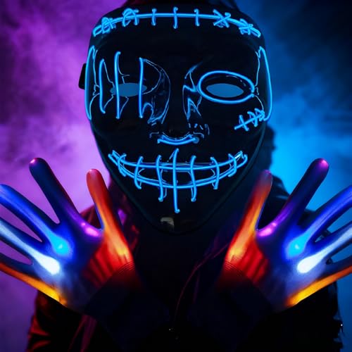 KOMEIYL Glühende Halloween Maske, Leuchtende Maske 3 Beleuchtungsmodi, Led Horror Maske Bringen Glühhandschuhe, Gilt für Halloween-Mottopartys, Festivals für Elektronische Musik (Blau) von KOMEIYL