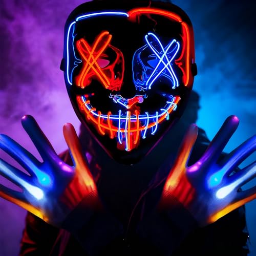 KOMEIYL Glühende Halloween Maske, Leuchtende Maske 3 Beleuchtungsmodi, Led Horror Maske Bringen Glühhandschuhe, Gilt für Halloween-Mottopartys, Festivals für Elektronische Musik (Blau-Rot) von KOMEIYL