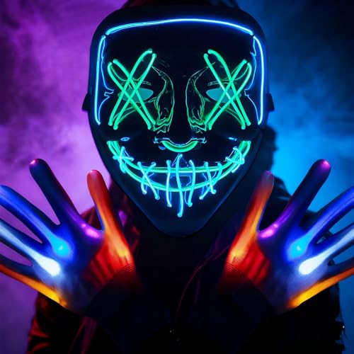 KOMEIYL Glühende Halloween Maske, Leuchtende Maske 3 Beleuchtungsmodi, Led Horror Maske Bringen Glühhandschuhe, Gilt für Halloween-Mottopartys, Festivals für Elektronische Musik (Grün) von KOMEIYL