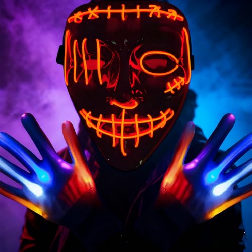 KOMEIYL Glühende Halloween Maske, Leuchtende Maske 3 Beleuchtungsmodi, Led Horror Maske Bringen Glühhandschuhe, Gilt für Halloween-Mottopartys, Festivals für Elektronische Musik (Rot) von KOMEIYL