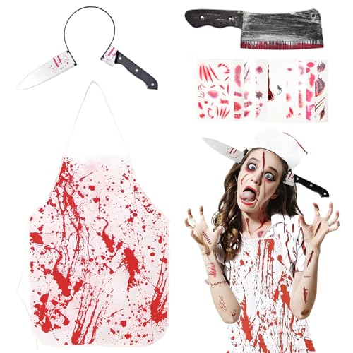 KOMEIYL Metzger Kostüm Halloween, Metzger Halloween-Mörder-Kostüm, Metzger Schürze mit Messer + Haarschmuck Messerform + Narbentattoo, Gilt Feiertags-Mottopartys, Rollenspiele, Bühnenauftritte von KOMEIYL