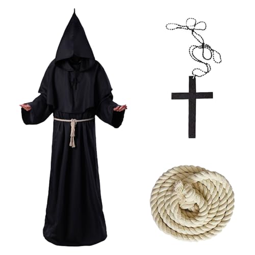 KOMEIYL Mönch Robe Kostüm, Halloween Mönch Priester Gewand, Mittelalterliche Mönchsroben mit Kreuz Halskette, Prite Robe Cape Hooded, Gilt Besuch Einer Halloween Party Oder Eines Spukhauses (L) von KOMEIYL