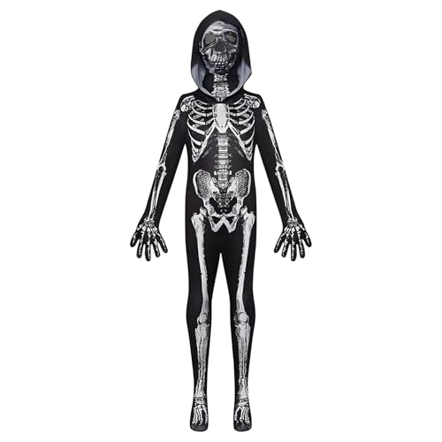 KOMEIYL Skelett Kostüm Kinder, Squelette Combinaison Enfant, Unisex Kinder 3d Skelett Jumpsuit Knochen, Halloween Traje Esqueleto Niño, Gilt Halloween Themenkostümbälle Partys (130) von KOMEIYL