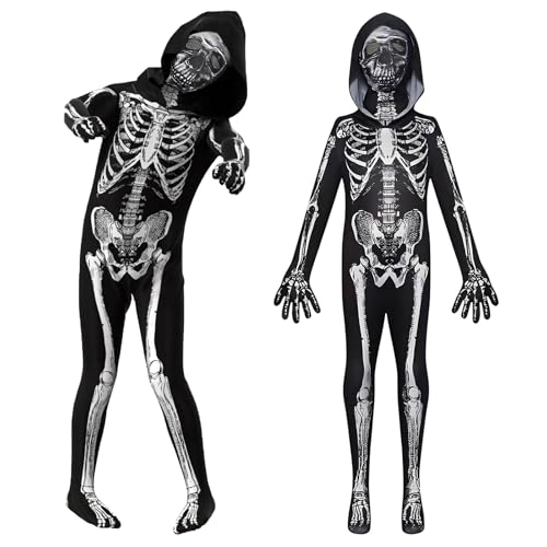 KOMEIYL Skelett Kostüm Kinder, Squelette Combinaison Enfant, Unisex Kinder 3d Skelett Jumpsuit Knochen, Halloween Traje Esqueleto Niño, Gilt Halloween Themenkostümbälle Partys (140) von KOMEIYL