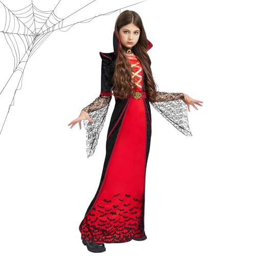 KOMEIYL Vampirkostüm Kinder Mädchen, Vampire Costume con Halskette, Vampir Kostüm Mädchen Fasching, Gilt für Halloween Süßes Oder Saures Partykostüme ((L(130-145 CM)) von KOMEIYL