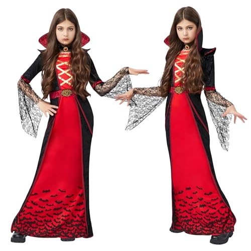 KOMEIYL Vampirkostüm Kinder Mädchen, Vampire Costume con Halskette, Vampir Kostüm Mädchen Fasching, Gilt für Halloween Süßes Oder Saures Partykostüme ((XL(145-160 CM)) von KOMEIYL