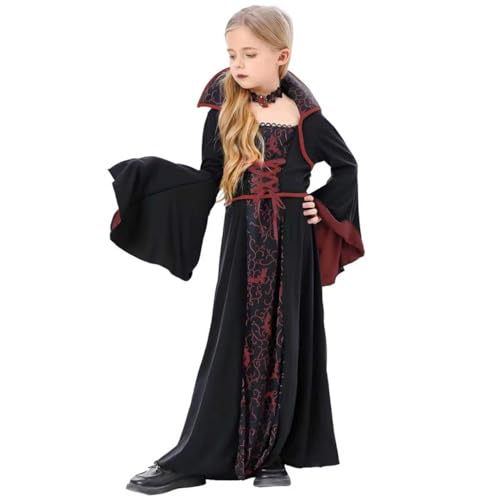 KOMEIYL Vampirmädchen Kostüm, Vampir Kostüm Kinder, Rotwein Vampire Costume Mädchen, Kids Stehkragen Gothic Vampirin Kleid, Gilt Halloween Weihnachten Themenpartys Dunklen Stil (130) von KOMEIYL