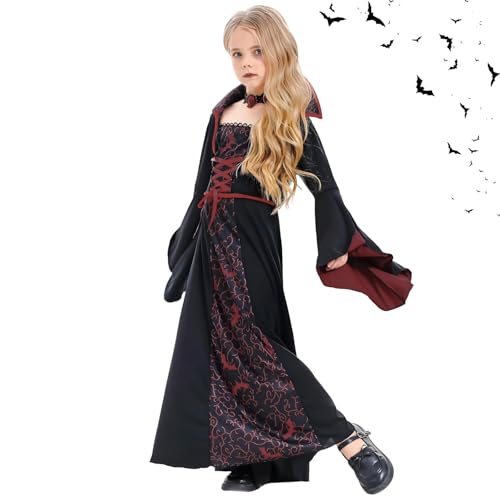 KOMEIYL Vampirmädchen Kostüm, Vampir Kostüm Kinder, Rotwein Vampire Costume Mädchen, Kids Stehkragen Gothic Vampirin Kleid, Gilt Halloween Weihnachten Themenpartys Dunklen Stil (140) von KOMEIYL