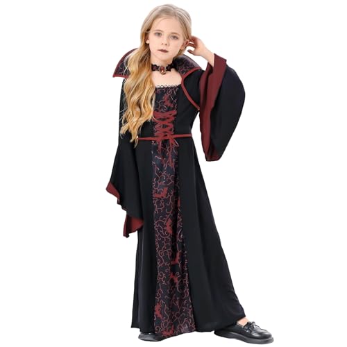 KOMEIYL Vampirmädchen Kostüm, Vampir Kostüm Kinder, Rotwein Vampire Costume Mädchen, Kids Stehkragen Gothic Vampirin Kleid, Gilt Halloween Weihnachten Themenpartys Dunklen Stil (150) von KOMEIYL