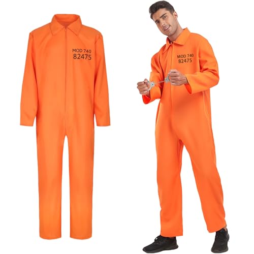KOMEIYL Verbrecher Kostüm Herren, Unisex Orange Sträfling Gefangener Kostüm, Prisoner Overall Costume, Prisoner Outfit Herren Halloween, Gilt Rolle Eines Gefangenen Einer Fernsehsendung (XL-XXL) von KOMEIYL