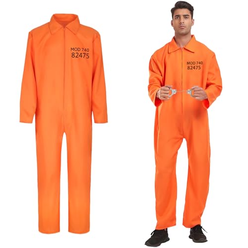 KOMEIYL Verbrecher Kostüm Herren, Unisex Orange Sträfling Gefangener Kostüm, Prisoner Overall Costume, Prisoner Outfit Herren Halloween, Gilt Rolle Eines Gefangenen Einer Fernsehsendung (XS-S) von KOMEIYL
