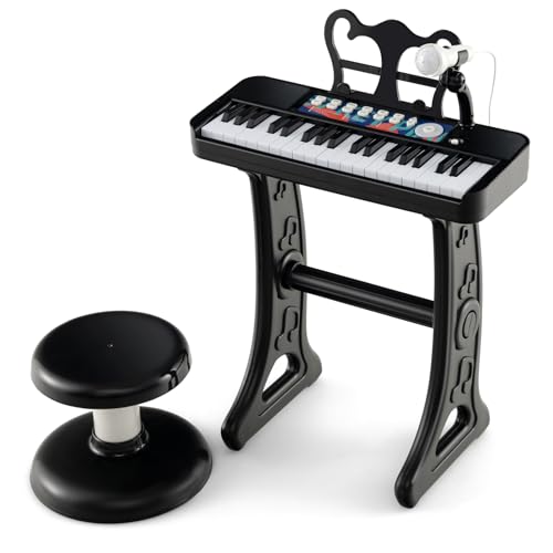KOMFOTTEU 37 Tasten Keyboard Set für Kinder, Kinderklavier mit Sound Lichteffekte & Mikrofon, Elektronisches Klavier Spielzeug inkl. Hocker, Kinderkeyboard 22 Beat/ 4 Töne/ 4 Rhythmen (Schwarz) von KOMFOTTEU
