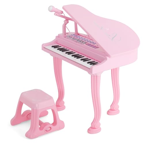 KOMFOTTEU 37 Tasten Kinderklavier Set, Elektronisches Klavier mit Mikrofon & Hocker, E-Piano Klaviertastatur mit 8 Percussionseffekte & Begleitstile, Keyboard für Kinder ab 3 Jahren (Rosa) von KOMFOTTEU