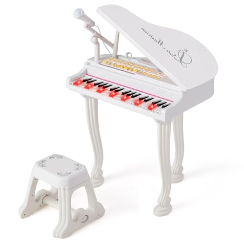 KOMFOTTEU 37 Tasten Kinderklavier Set, Elektronisches Klavier mit Mikrofon & Hocker, E-Piano Klaviertastatur mit 8 Percussionseffekte & Begleitstile, Keyboard für Kinder ab 3 Jahren (Weiß) von KOMFOTTEU