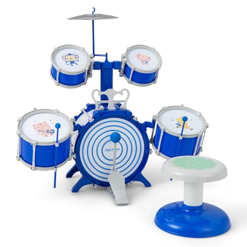 KOMFOTTEU Jazz-Schlagzeug für Kinder ab 3 Jahren, Schlagzeug-Set mit Hocker, 5 Trommeln, 2 Stäben, Notenständer und Pedal, Musikinstrument für Kinder, Blau von KOMFOTTEU