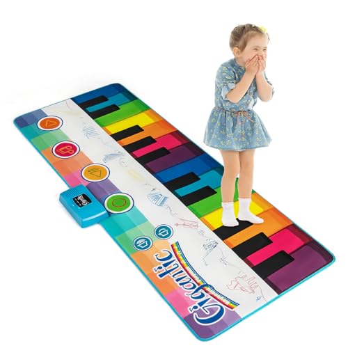 KOMFOTTEU Klaviermatte für Kinder ab 3 Jahren, 24 Tasten, Babyklavier mit 10 Liedern & 8 Instrumententönen, Musikmatte, Wiedergabe & Lautstärke verstellbar, 181 x 73 cm, Regenbogenfarben von KOMFOTTEU