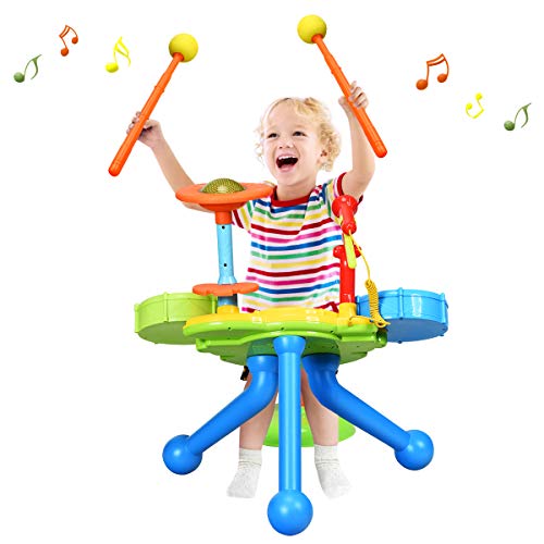 KOMFOTTEU Trommel Set für Kleinkinder, Elektronisches Schlagzeug mit Lichter & Mikrofon, Kinder Schlagzeugset inkl. Sitzhocker & 2 Trommelstöcken, Musikinstrumente Spielzeug von KOMFOTTEU