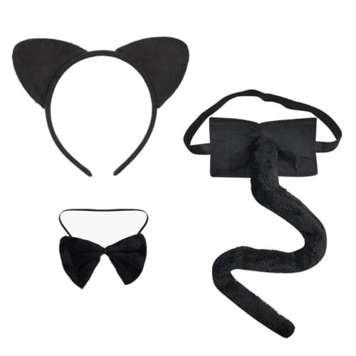 KOMUNJ Damen Tierkostüm Set, Kostüm mit Ohren Haarreif Fliege Schwanz, Kostüm Accessorie, für Karneval,Cosplay,Dschungelparty, Tier Themen Accessoires (Schwarzer) von KOMUNJ