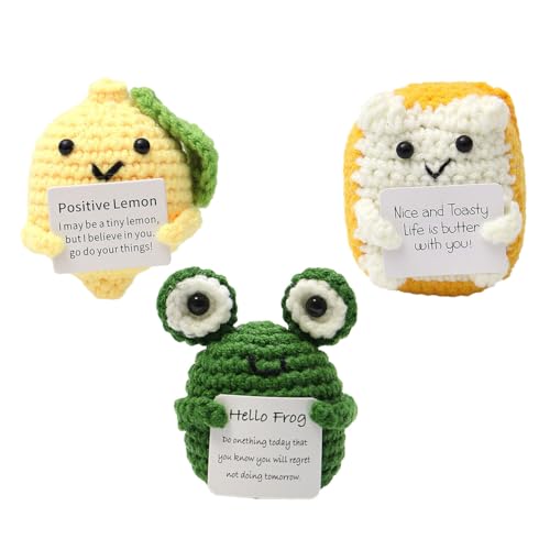 KONFEN Positive gestrickte Mini-Puppe, 3er-Pack lustige Positive Tasche Umarmung Spielzeug-Anhänger mit Energie-Karte, kreative Positive Energie Puppe für die Liebe EIN(Bread+Lemon+Frogs) von KONFEN