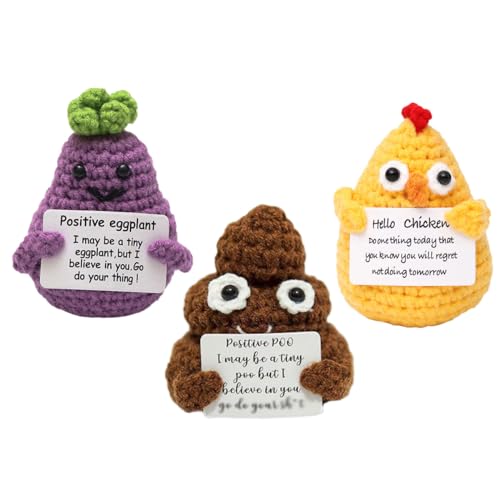 KONFEN Positive gestrickte Mini-Puppe, 3er-Pack lustige Positive Tasche Umarmung Spielzeug-Anhänger mit Energie-Karte, kreative Positive Energie Puppe für die Liebe EIN(Eggplant+Poo+Chick) von KONFEN