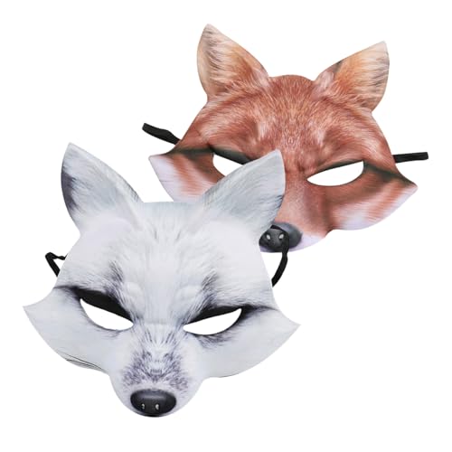 KONTONTY 2 Stück Fuchs Halbgesichtsmaske EVA Leichtes Tier Cosplay Maskerade Halloween Karneval Kostüm Zubehör für Erwachsene mit Flexiblem Band in Braun und Weiß von KONTONTY