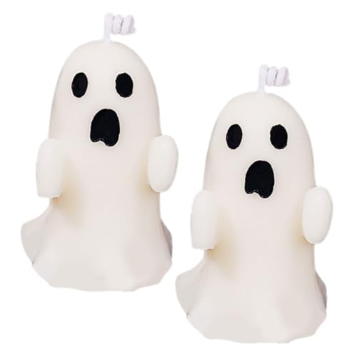KONTONTY 2 Stück Geisterkerze Flackernder Gruseliger Halloween Innendekoration Teeparty Kunstkerze Mit Geisterduft Duftkerze In Geisterform Tischkerze Soja Mischwachs von KONTONTY