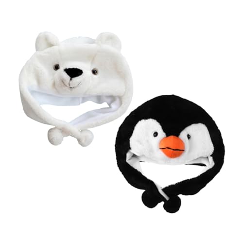 KONTONTY 2 Stück Teiliges Plüsch Tiermütze Pinguin Eisbär Weiche Elastische Wintermütze für Halloween Party Cosplay Fasching Warm Atmungsaktiv Bequem für Frühling und Winter von KONTONTY
