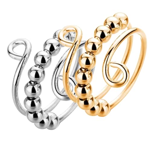 KONTONTY 2 Stück Wear Resistant Metall Stressring Drehbarer Fidget Ring zur Angst Stresslinderung Dekorativer Damen Ring in Gold Silber Kompakter Anti Anxiety Schmuck für Entspannung und von KONTONTY