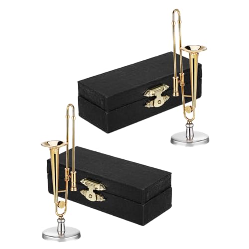 KONTONTY 2sätze Miniaturposaune Mit Ständer Metall Mini-musikinstrumente Für Puppenhaus Miniatur Zubehör Realistische Mini Posaune Für Bürotisch Heimdeko von KONTONTY