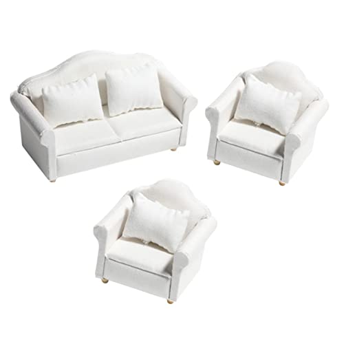 KONTONTY 3 Teiliges Set Miniatur Sofa Für Puppenhaus Weißes Puppenmöbel Mit Kissen Bestehend Aus 2 Einzelsofas Und 1 Doppelsofa Ideal Für Miniaturhäuser Und Puppenhaus Zubehör von KONTONTY